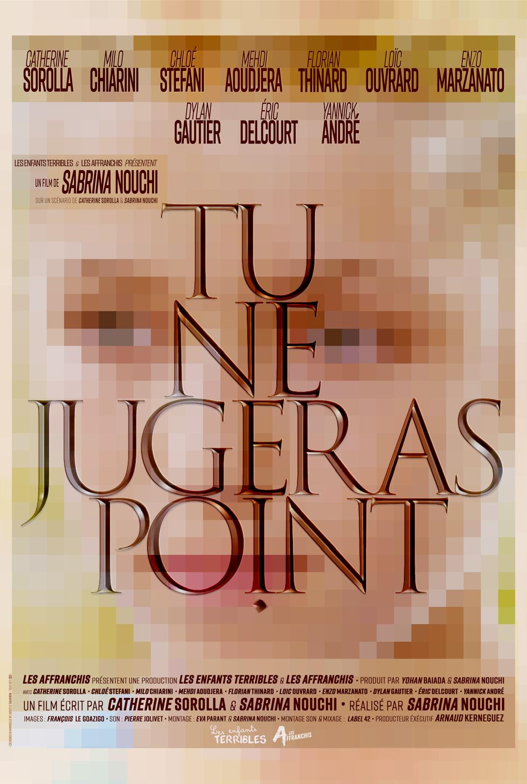 Affiche du film Tu ne jugeras point — un visage flouté en mosaïque de pixels couleur chair